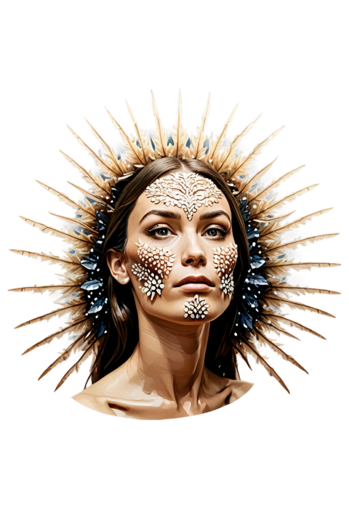 an wooden slice made out of glowing crystals with a person's face illuminated, in the style of surreal fashion photography, fine feather details, organic nature-inspired forms, strong contrast between light and dark, ephemeral installations, detailed nature depictions