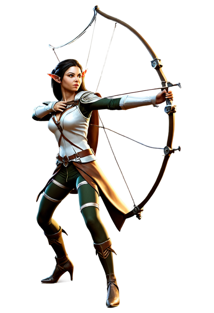 Ultra-detailed beautiful elf female archer, RPG, dungeons & dragons, intricate design and details, dramatic lighting, hyperrealism, photorealistic, cinematic, 8k